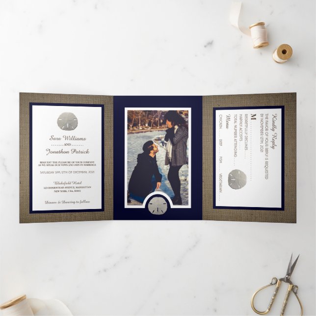 Sand Dollars & Burlap Navy Beach Wedding Suite Dreifach Gefaltete Einladung (Innenseite)