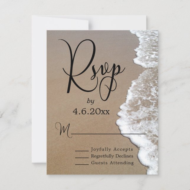 Sand & Foam Beach Foto & Typografy Wedding RSVP Karte (Vorderseite)
