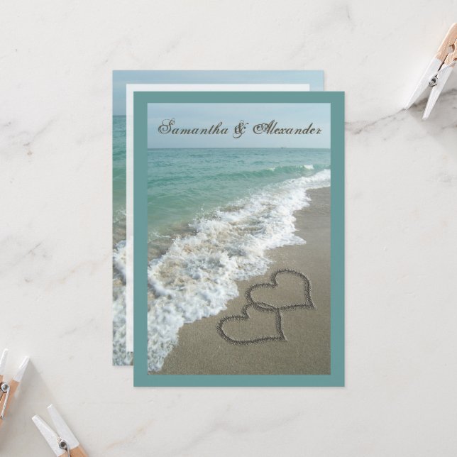 Sand Hearts~ Beach Hochzeit in Urlaubsort Einladun Einladung (Vorderseite/Rückseite Beispiel)