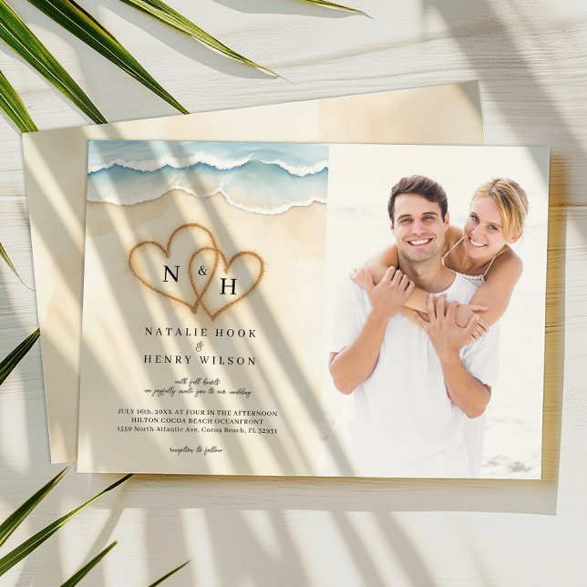 Sand Hearts Beach Wedding Foto Einladung Beige (Photo Beach Wedding Invite)