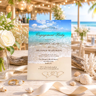 Sand Hearts Blue Ocean Beach Engagement Party Einladung