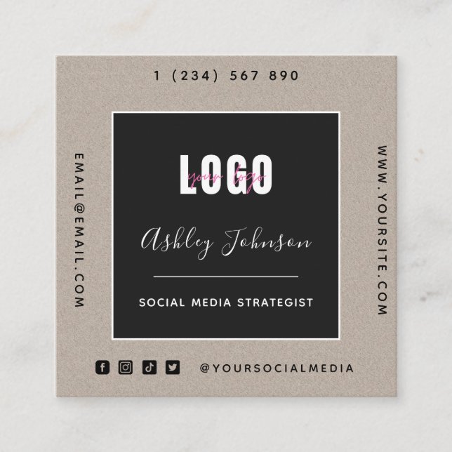 Sand Kraft Paper Add Logo QR Code Social Media Quadratische Visitenkarte (Vorderseite)