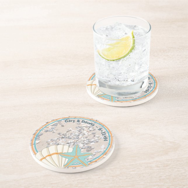 Sand, Seashell und Blauer Blauer Seeteufel Getränkeuntersetzer (Seite)