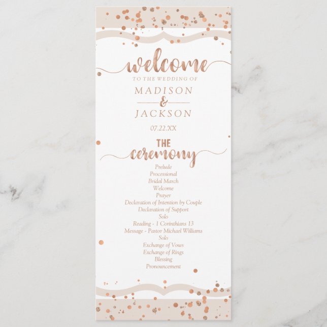 Sand Stripes & Rose Gold Confetti Hochzeitsprogram Programm (Vorderseite)