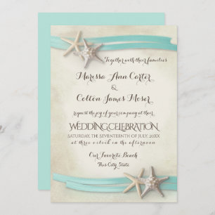 Sand und Starfish Aqua Ribbon Einladung