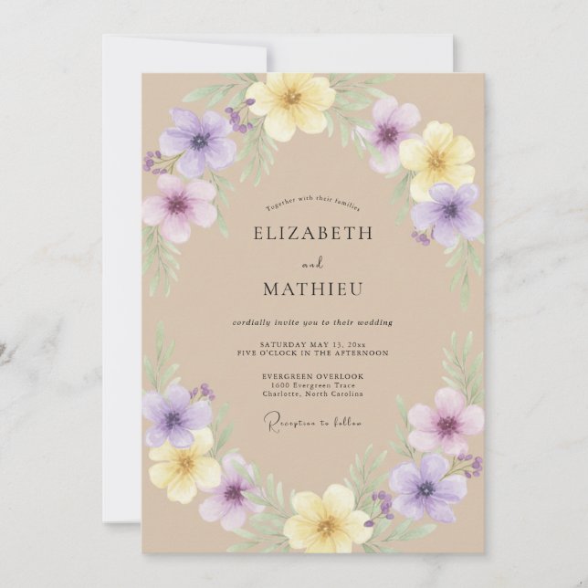 Sand-Veilchen-Wildblumen-Hochzeit Einladung (Vorderseite)
