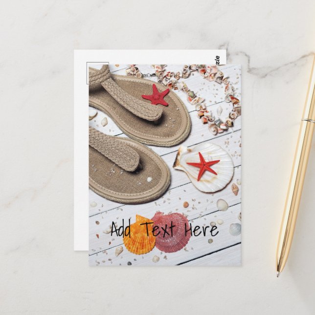 Sandalen, Muscheln und Starfish am Strand Postkarte (Vorderseite/Rückseite Beispiel)