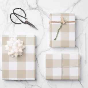 Sandbeige Gingham-Karo Karomuster neutrale Farmhou Geschenkpapier Set