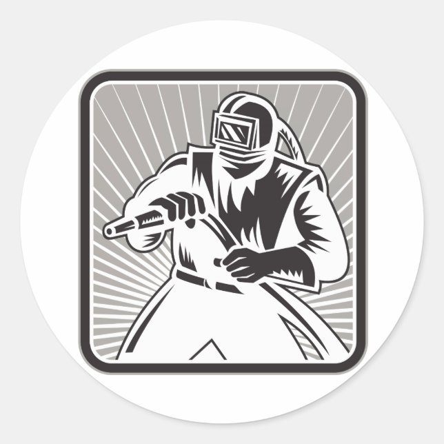 Sandblaster Sand Blaster Woodcut Retro Runder Aufkleber (Vorderseite)