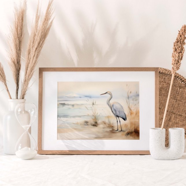 Sandhill Crane Wasserfarbe Printwerbung Poster (A lone crane standing gracefully at the seashore, framed by swaying seagrass in gentle, muted colors)