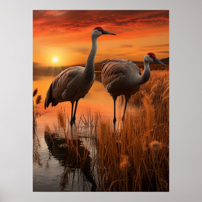 Sandhill Cranes bei Dawn Poster (Vorne)