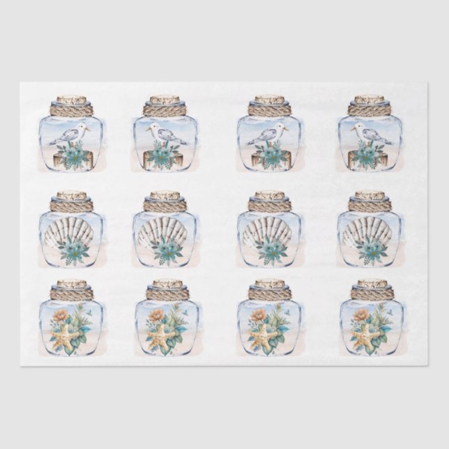 Sandpipers Flowers Shells Jar Decoupage Paper Seidenpapier (Vorderseite)