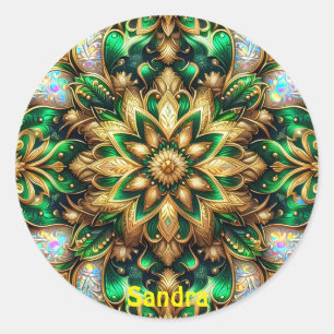 SANDRA ~ SHINY Green and Gold Christmas ~ Runder Aufkleber