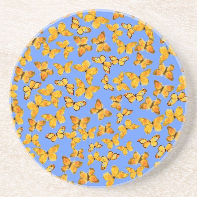Sandstone Coaster, Golden Butterflies on Blue Untersetzer (Vorne)