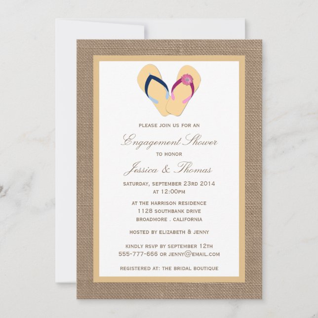 Sandstrand auf Burlap-Verlobung mit dreh-Flop-Dusc Einladung (Vorderseite)