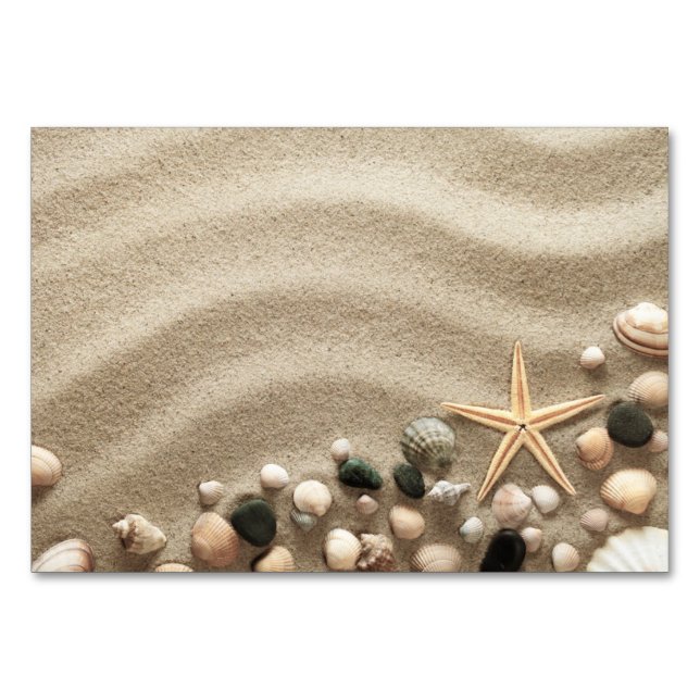 Sandstrand mit Muscheln und Starfish Tischnummer (Vorderseite)