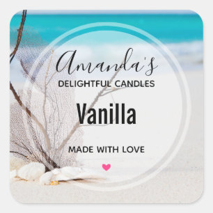 Sandstrand mit weißen Muscheln Candle Business Quadratischer Aufkleber