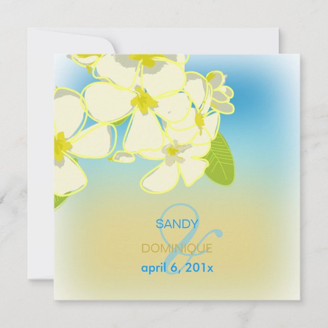 Sandstrand/Plumerias Hochzeit in Urlaubsort Einladung (Vorderseite)