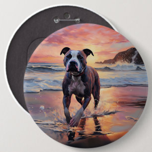 Sandy American Staffordshire Dog on Beach Sunset Button