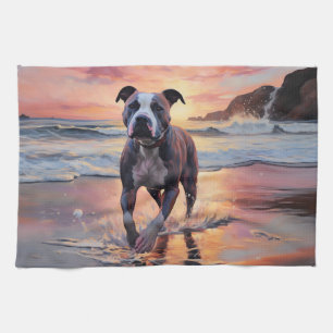 Sandy American Staffordshire Dog on Beach Sunset Geschirrtuch