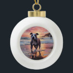 Sandy American Staffordshire Dog on Beach Sunset Keramik Kugel-Ornament<br><div class="desc">Tauchen Sie ein in die ruhige Schönheit unseres Hundes "Sandy Paws and Sunset Hues" mit Sonnenuntergang am Strand. Diese faszinierende Szene vereint das Wesen eines perfekten Abends am Ufer, mit einem treuen Hund, der den goldenen Sand und die atemberaubenden Farben der untergehenden Sonne genießt. Ob Hundeliebhaber oder Sonnenuntergang - dieses...</div>