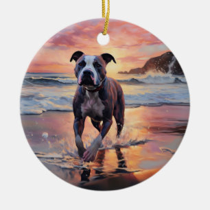 Sandy American Staffordshire Dog on Beach Sunset Keramik Ornament