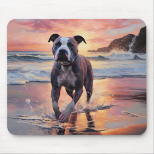 Sandy American Staffordshire Dog on Beach Sunset Mousepad