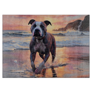 Sandy American Staffordshire Dog on Beach Sunset Schneidebrett