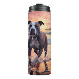 Sandy American Staffordshire Dog on Beach Sunset Thermosbecher