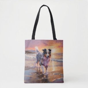 Sandy Australian Shepherd Dog on Beach Sunset