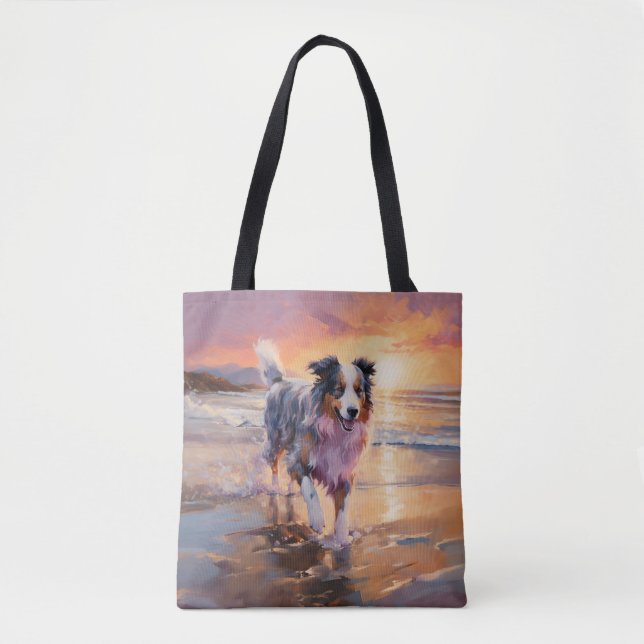 Sandy Australian Shepherd Dog on Beach Sunset (Vorderseite)