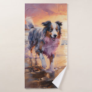 Sandy Australian Shepherd Dog on Beach Sunset Badhandtuch Set