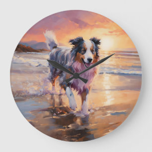Sandy Australian Shepherd Dog on Beach Sunset Große Wanduhr