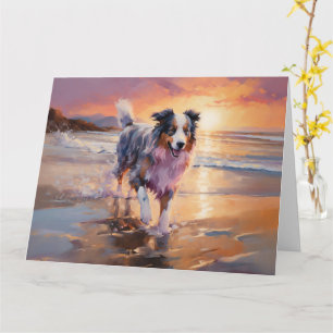 Sandy Australian Shepherd Dog on Beach Sunset Karte