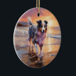 Sandy Australian Shepherd Dog on Beach Sunset Keramik Ornament<br><div class="desc">Tauchen Sie ein in die ruhige Schönheit unseres Hundes "Sandy Paws and Sunset Hues" mit Sonnenuntergang am Strand. Diese faszinierende Szene vereint das Wesen eines perfekten Abends am Ufer, mit einem treuen Hund, der den goldenen Sand und die atemberaubenden Farben der untergehenden Sonne genießt. Ob Hundeliebhaber oder Sonnenuntergang - dieses...</div>