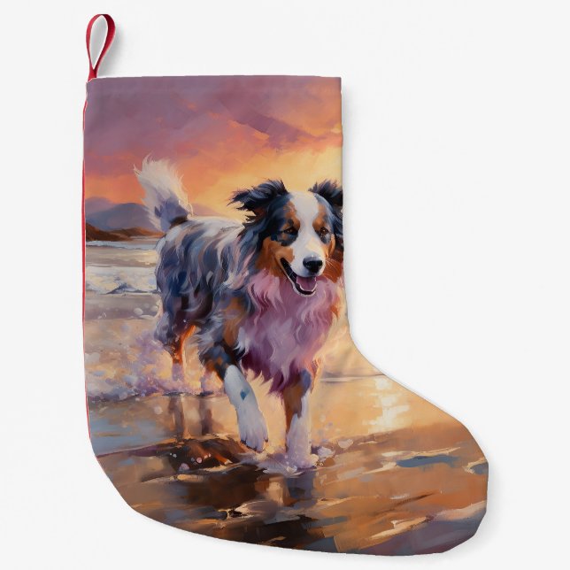 Sandy Australian Shepherd Dog on Beach Sunset Kleiner Weihnachtsstrumpf (Vorderseite)