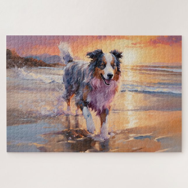 Sandy Australian Shepherd Dog on Beach Sunset Puzzle (Horizontal)