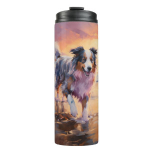 Sandy Australian Shepherd Dog on Beach Sunset Thermosbecher