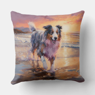 Sandy Australian Shepherd Hund am Strand Sonnenunt Kissen