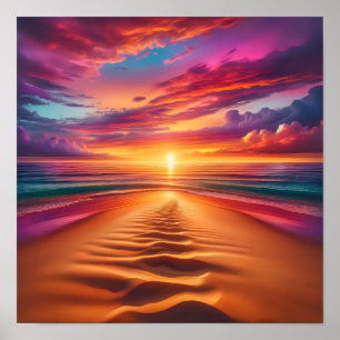Sandy Beach führt zu einem lebhaften Sonnenunterga Poster
