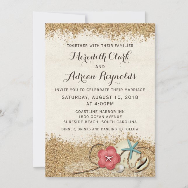 Sandy Beach Hibiskus & Muscheln Einladung Hochzeit (Vorderseite)