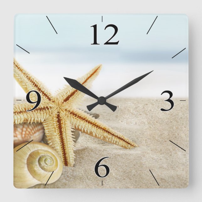 Sandy Beach Starfish Seashells Quadratische Wanduhr (Vorderseite)