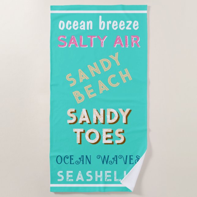 Sandy Beach Turquoise Ocean Typografie Strandtuch (Vorderseite)