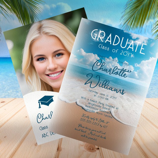 Sandy Beach Waves Graduate Foto Graduate Party Einladung (Beach "Graduate" Photo Graduation Party Invitation - Available in Print and/or Digital Download)