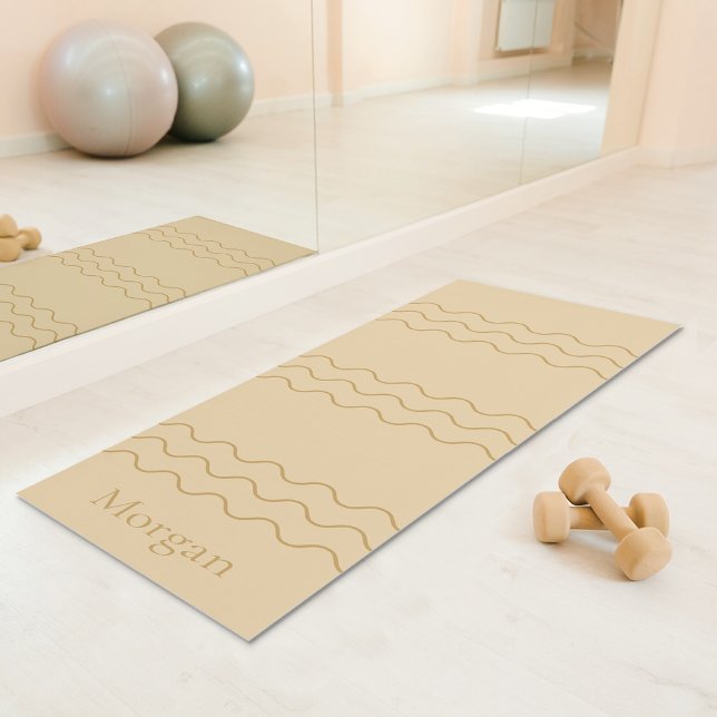 Sandy Beige Modern Wavy Lines With Custom Name Yogamatte (Disclaimer: This image is a digital mockup.)