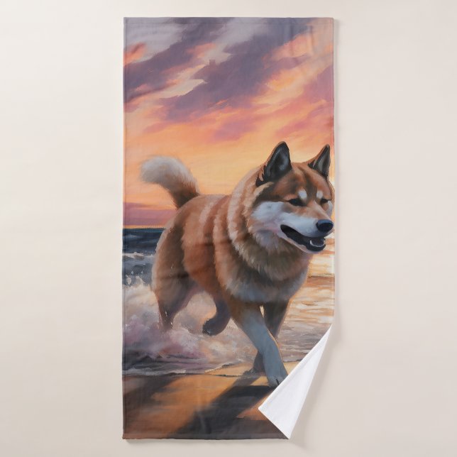 Sandy Paws Akita Dog auf Beach Sunset Badhandtuch Set (Badehandtuch)