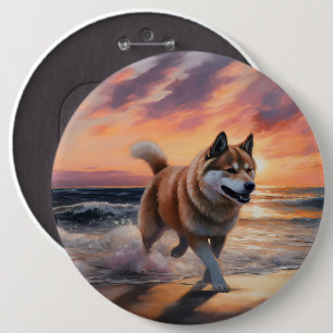 Sandy Paws Akita Dog auf Beach Sunset Button