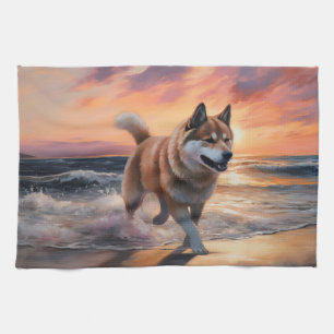 Sandy Paws Akita Dog auf Beach Sunset Geschirrtuch