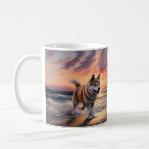 Sandy Paws Akita Dog auf Beach Sunset Kaffeetasse
