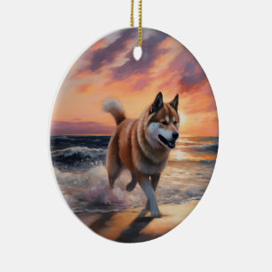 Sandy Paws Akita Dog auf Beach Sunset Keramik Ornament